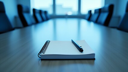 Notepad on a table with pen before meeting, blue tone, business concept with copy space