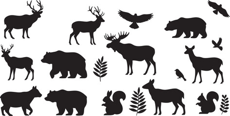 Naklejka premium Black vector set of wild and farm animal silhouettes illustration features horse, dog, cow, deer, cat, goat, elephant, wolf, sheep, tiger, and pig on the transparent background AI Generative