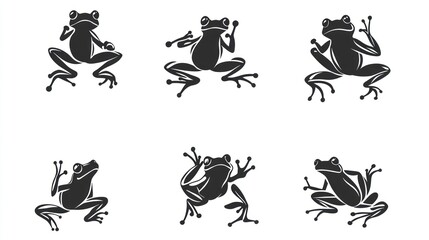 Naklejka premium Six stylized frog silhouettes, white background, design elements