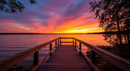 A wooden pier extends into a calm lake under a vibrant sunset with trees and colorful skies above it