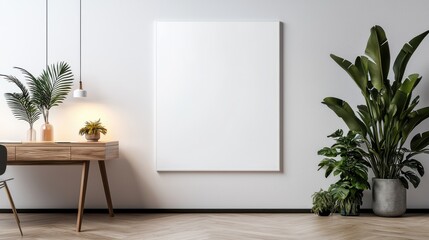 Minimalist White Poster on Wall with Rustic Wooden Table Creating Calmness