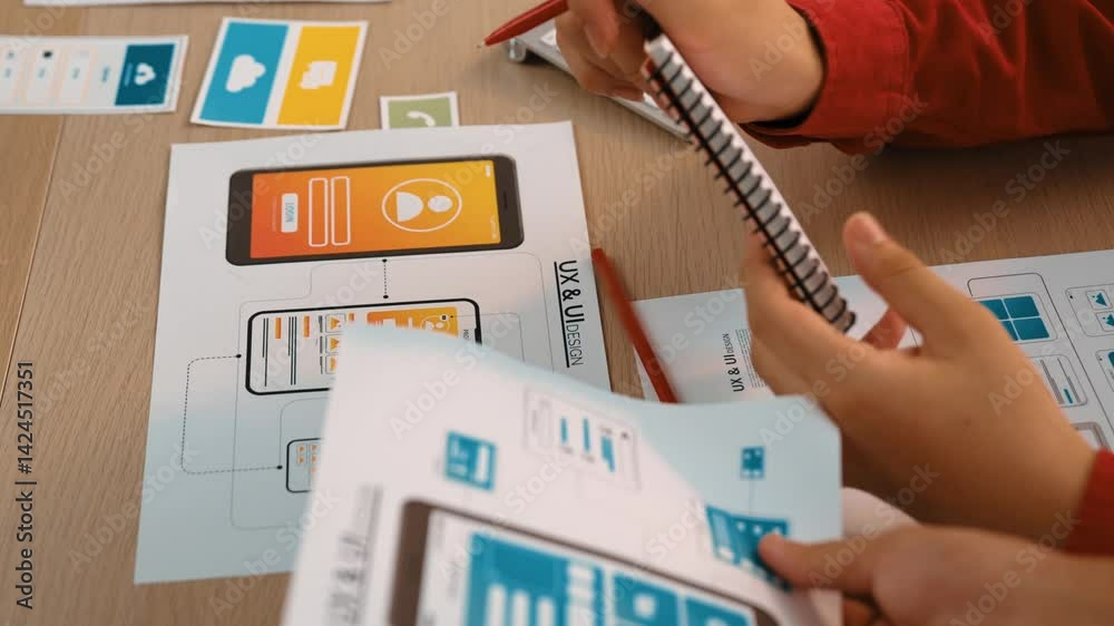 Poster panorama video of startup company employee planning on user interface prototype for mobile applicati