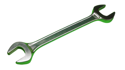 Metallic wrench, silver with green outline, isolated