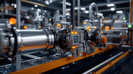 Fototapeta premium Close Up View of Industrial Machine Featuring Bright Yellow Handle Detail