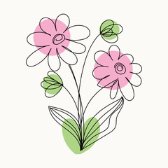 Simple Line Art Flowers with Pastel Pink and Green