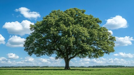 Fototapeta premium Majestic tree in a grassy field under a blue sky