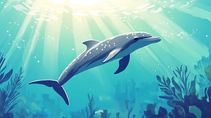 Dolphin swimming ocean coral reef.