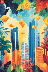 Money raining over lush tropical cityscape illustration