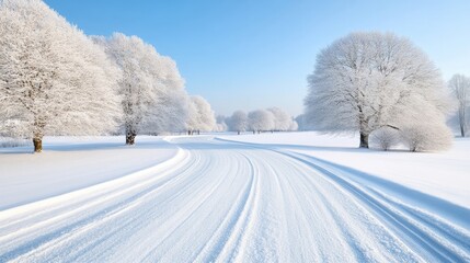 Obraz premium Snowy Road Winter Trees Serene Bright High-resolution Panoramic View Tire Tracks Winding Path Frosty Landscape Cold Winter Wonderland Ideal for Calendar Designs