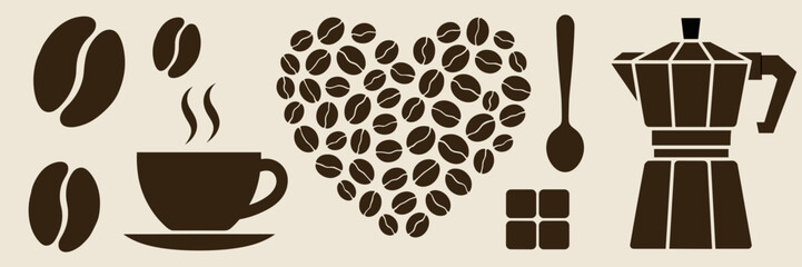 Vector illustration of coffee icons with steam, beans, and a heart &ndash; Perfect for coffee lovers and food-themed projects.