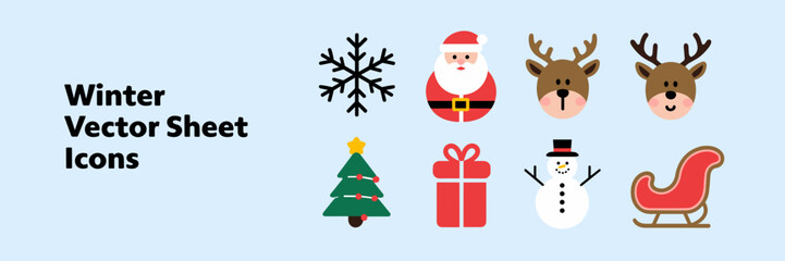 Vector sheet with text "winter vector sheet icons" and snowflake, Santa Claus, reindeer