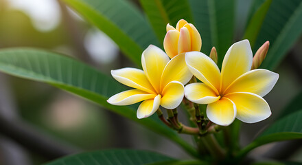 Fototapeta premium Close-Up of Blooming Yellow and White Plumeria (Frangipani) Flowers