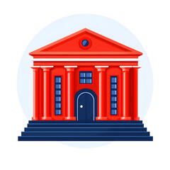 red classical building with columns and triangular pediment stands prominently, evoking sense of authority and tradition. structure is set against circular backdrop, highlighting its architectural