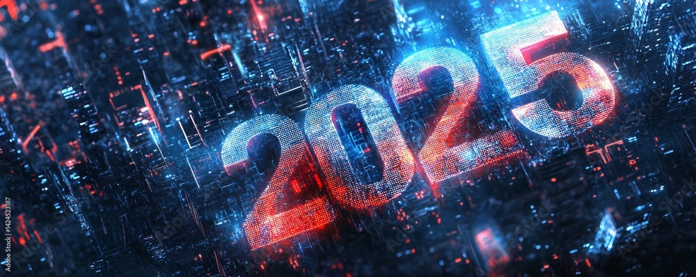 Poster 2025 futuristic numbers emerging from circuit board