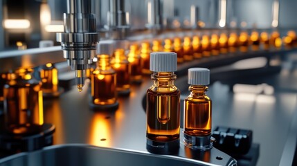 Amber bottles pass along an assembly line, likely at a pharmaceutical factory.