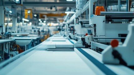 Manufacturing line with machinery in a well lit factory.