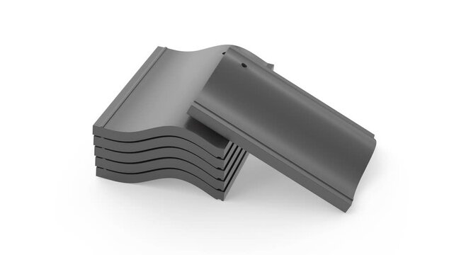 Black clay roof tiles on white background