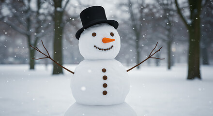 Obraz premium Happy Snowman with Top Hat and Carrot Nose in Snowy Park