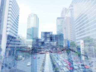 Double exposure of coins and buildings in financial district.