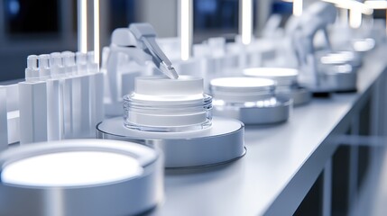 A row of minimalist, white cosmetic containers is arranged neatly along a shelf. 