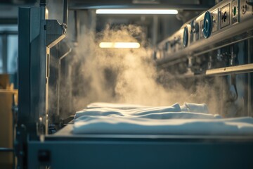 Steaming industrial laundry equipment is visible