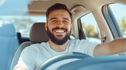 Safe driving concept with happy driver smiling while cleaning car interior