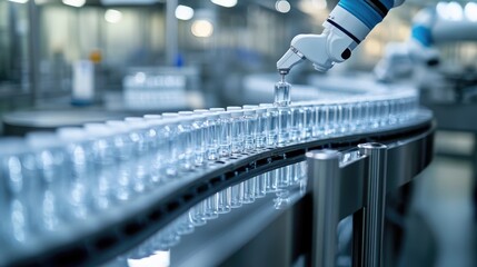 Robotic arm placing stoppers on vials. The vials are moving down a conveyor belt in a sterile manufacturing environment.

