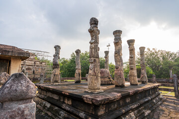 Closeup of Nissanka Latha Mandapaya, unique stone-pillared pavilion in ancient Polonnaruwa, Sri Lanka, open-air shrine