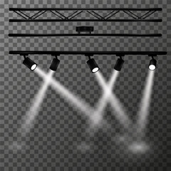 Various components of professional stage or studio equipment on transparent background. Triangular metal truss and horizontal rail lighting system with five spotlights. Vector illustration Eps10.