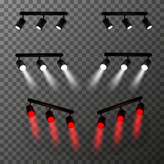 Set of lamps, spotlights of different colors: white, and red. Light rays have a realistic blurred effect. Composition of using track lights for accent lighting. Vector illustration EPS10.