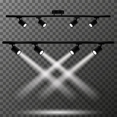 Two horizontal black track lighting systems with four adjustable spotlights pointing downwards, emitting bright white light. Modern solution for interior lighting. Vector illustration EPS10.