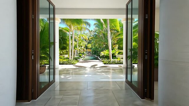Grand entryway opens to lush tropical garden with palm trees