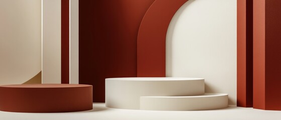 Abstract Minimalist Product Display with Red and Beige Geometric Shapes