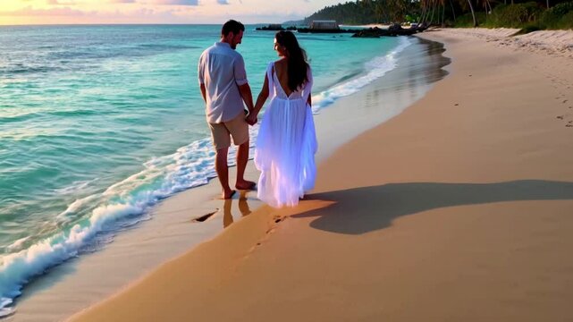 Young loving couple walking barefoot along ocean waves on sandy beach at sunset in slow motion