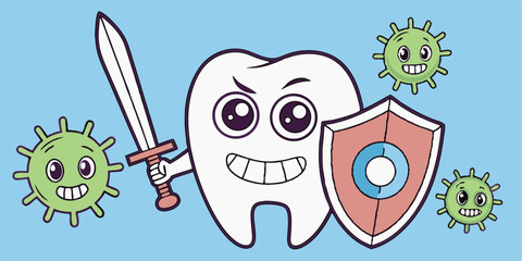 Cute Cartoon Tooth with Sword and Shield Fighting Germs Vector Illustration
