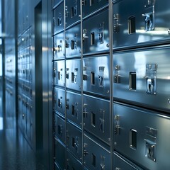 Safe deposit boxes in a secure hallway symbolize security and privacy.