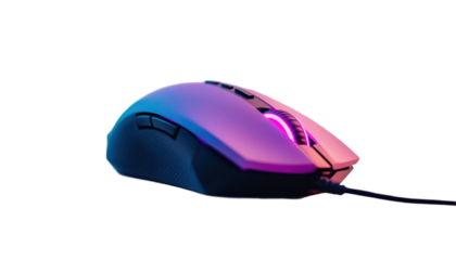 A sleek, modern computer mouse with a vibrant purple and blue gradient color scheme and a glowing red light around the scroll wheel