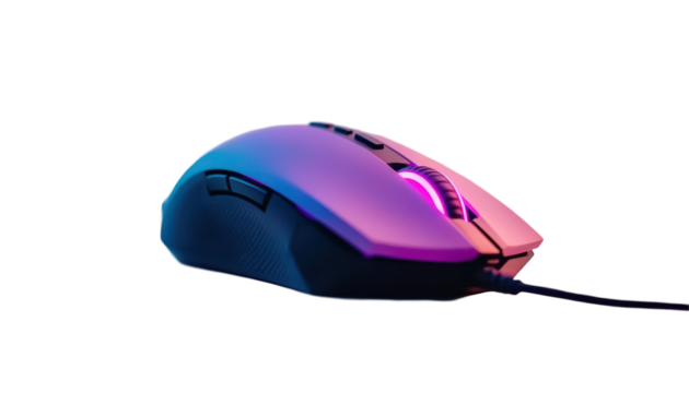 A sleek, modern computer mouse with a vibrant purple and blue gradient color scheme and a glowing red light around the scroll wheel