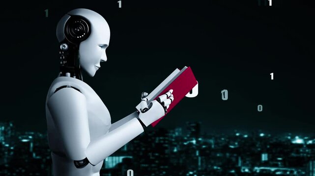 Futuristic robot artificial intelligence huminoid AI programming coding technology development and machine learning concept. Robotic bionic science research for future of human life. 3D rendering.