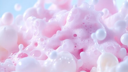 Obraz premium Dynamic splash of creamy pink strawberry milk and white yogurt bubbles captured in a close-up macro shot.
