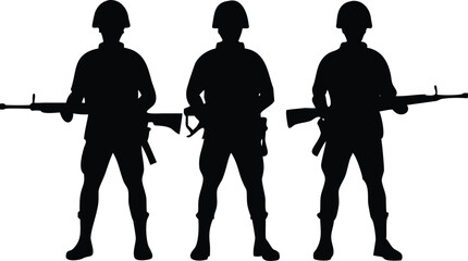 Soldier Silhouettes with Rifles on Transparent Background. Army Standing in Line