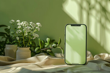 This is a stylish and minimalistic phone display on a green background with beautiful floral accents.