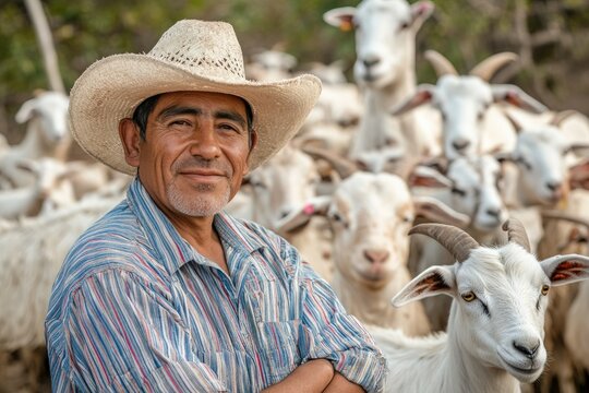 A smiling shepherd stands proudly amidst his flock of white goats, showcasing a life connected to nature and livestock.