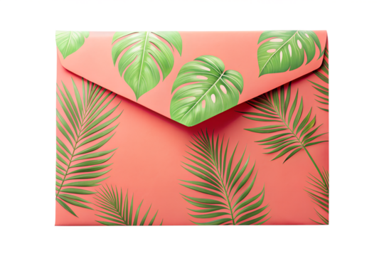 Envelope with botanical design featuring monstera and palm fronds isolated on transparent background