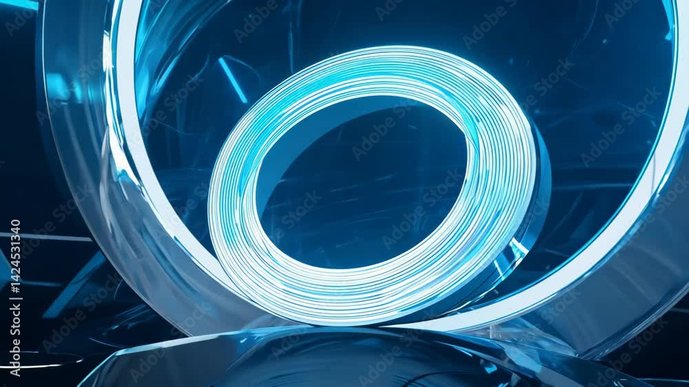 Poster elegant circular animation of 3d rings with dynamic motion and glowing blue lights in a futuristic b