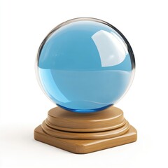 Clear, light-blue crystal ball on a wooden base.