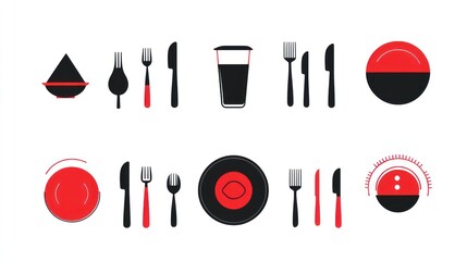 Red black cutlery tableware icons set, food background, graphic design