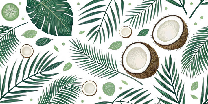Tropical pattern design with half coconuts, green palm leaves and green lime on white background for wallpaper, textile, fashion or decorative paper with a fun, summer vibe.