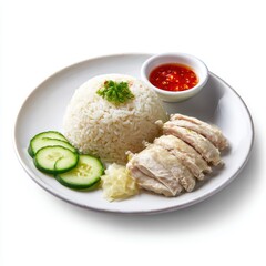 Hainanese chicken rice dish plating on white background