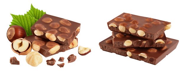 Chocolate with hazelnuts isolated on white background with full depth of field.